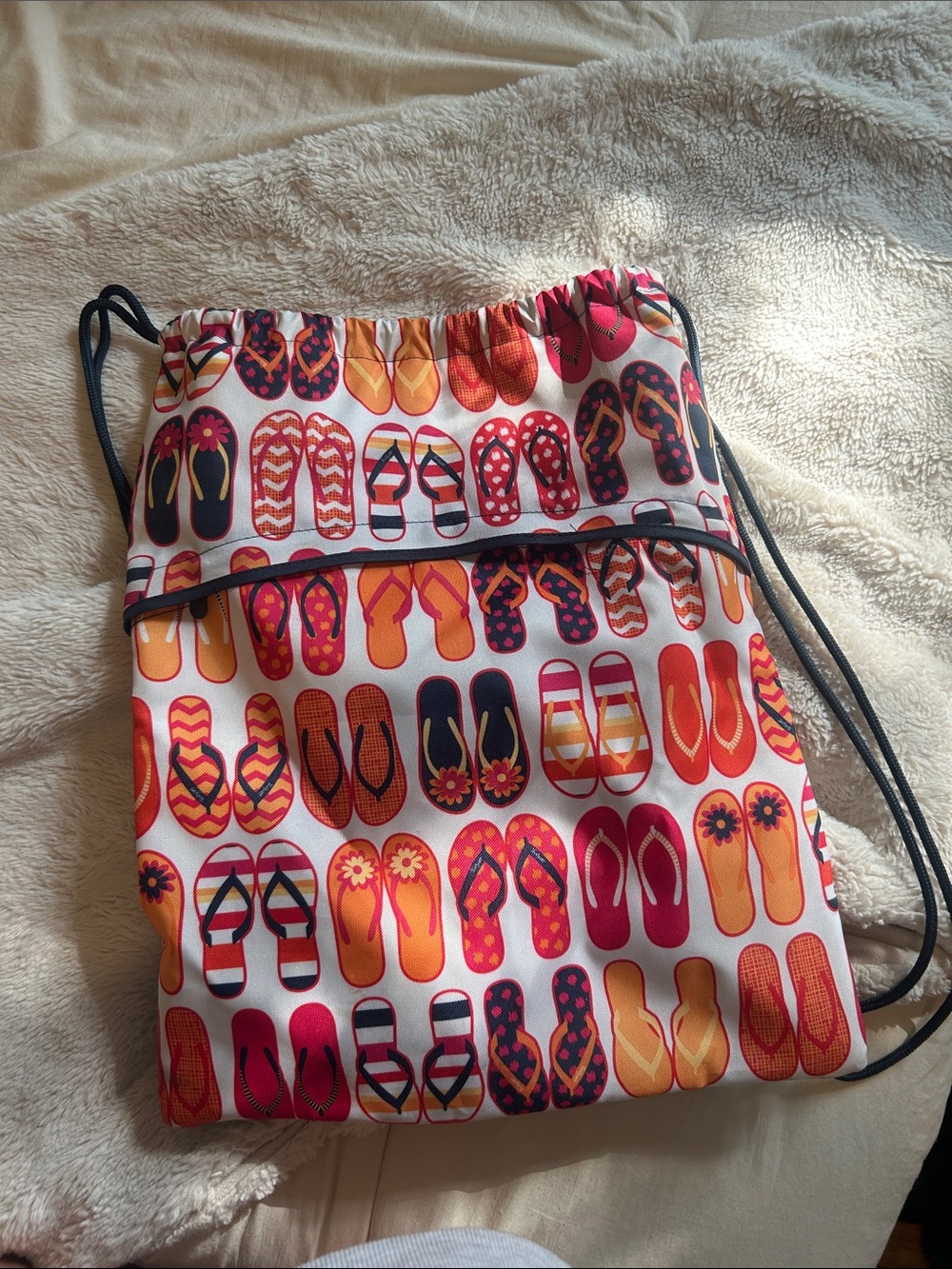 thirty-one Drawstring Backpack with Orange, Red, Pink and Navy Flip-Flop Print